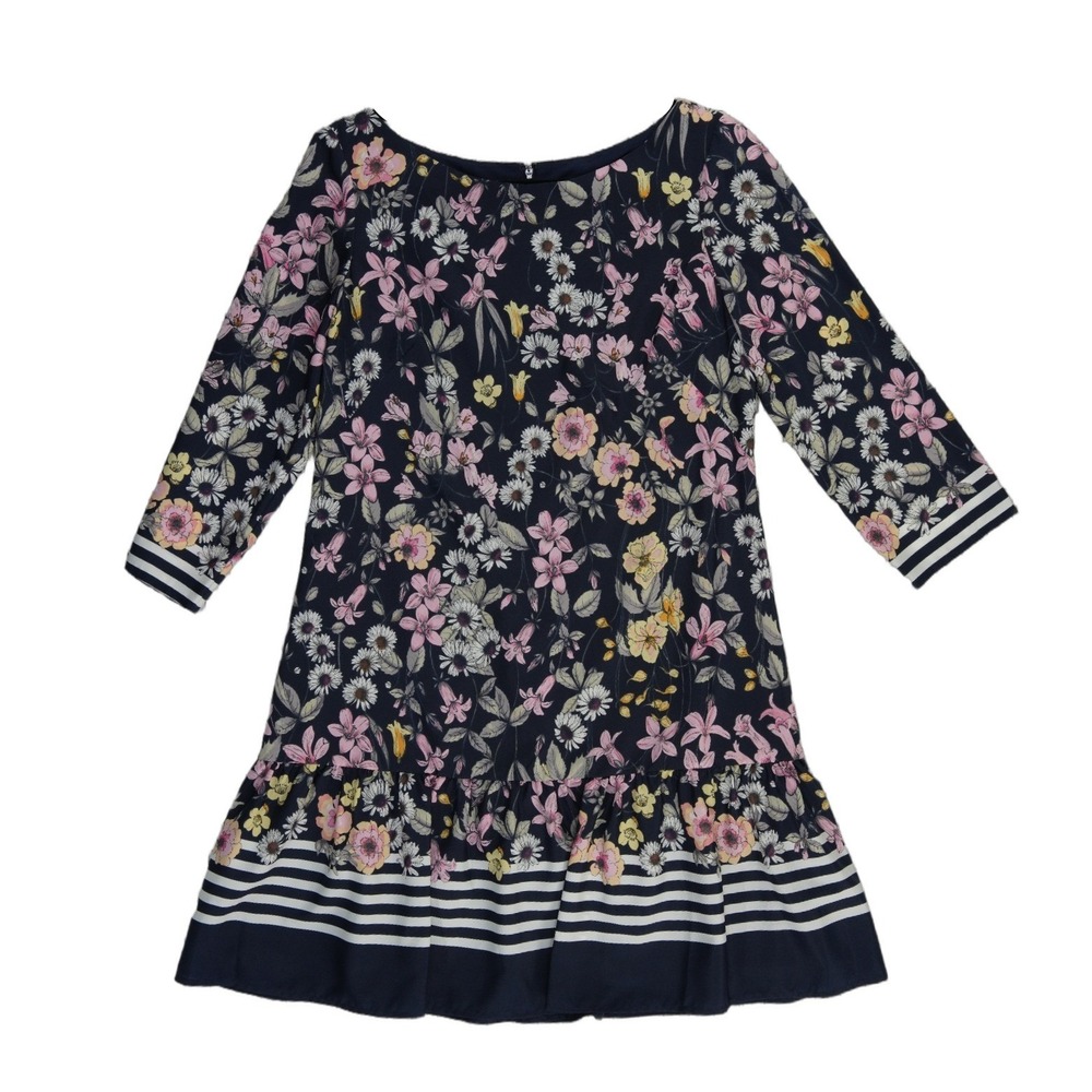 New Eliza J Floral Dress Women's Size 10 Navy Blue 3/4 Sleeve Ruffle Hem - Picture 1 of 7